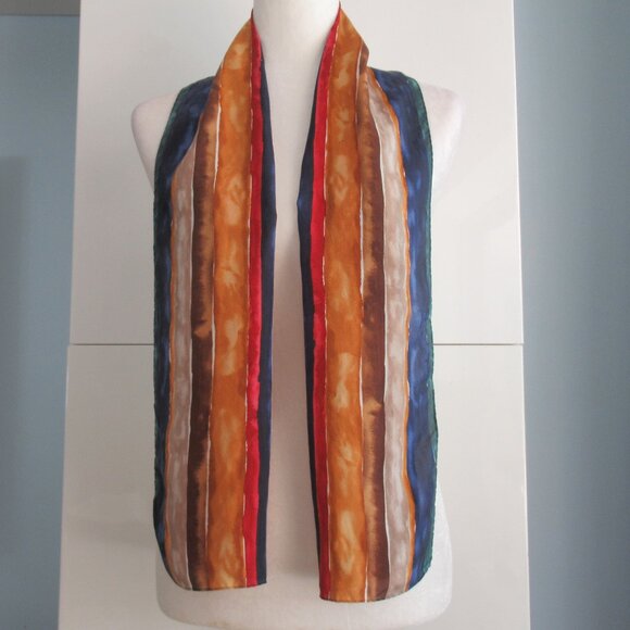 100% Silk Stripe Rectangular Scarf 10" x 54" Multicolor Excellent - Picture 7 of 8